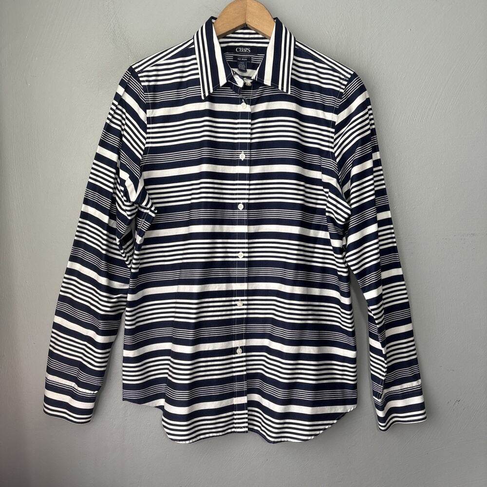 Chaps No Iron Button Up Shirt Size L Blue White Striped Preppy Business Casual